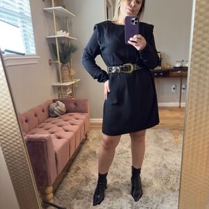 Mango Eco Vero Black Long Sleeve Dress Classic Minimalist Shoulder‎ Pads